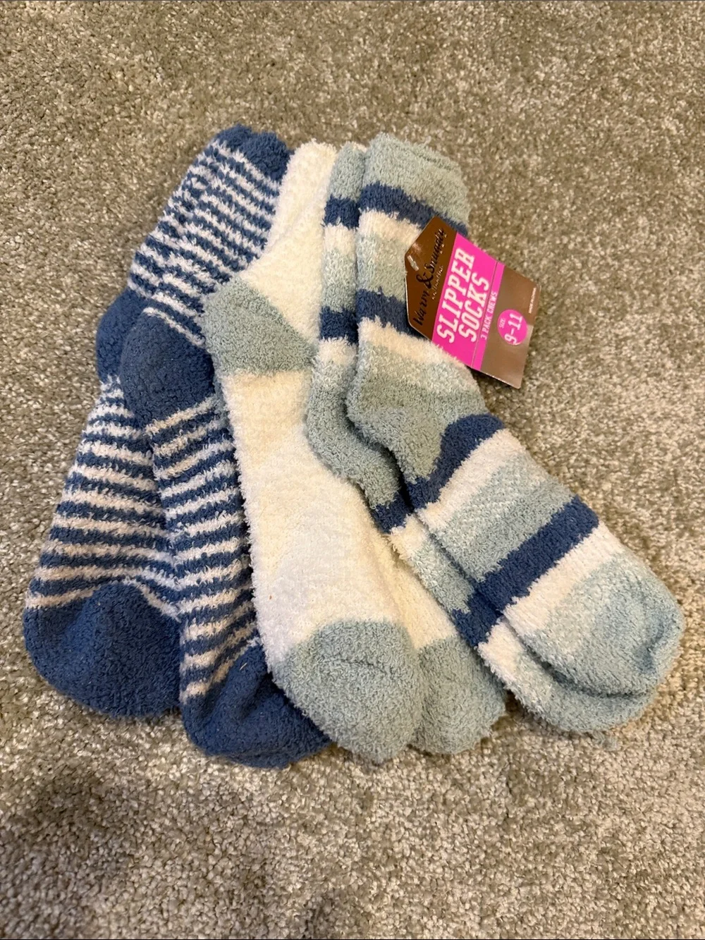 Cozy Slipper Socks - Blue & White Striped - 3-Pack